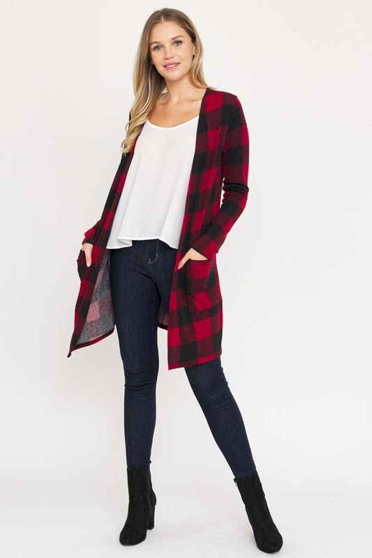 Long Buffalo Plaid Open Cardigan-Teresa&#39;s Fashionista LLC