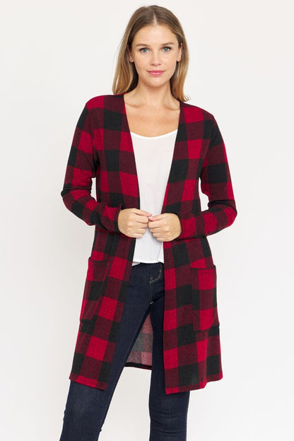 Long Buffalo Plaid Open Cardigan-Teresa&#39;s Fashionista LLC