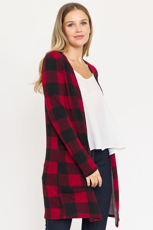 Long Buffalo Plaid Open Cardigan-Teresa&#39;s Fashionista LLC