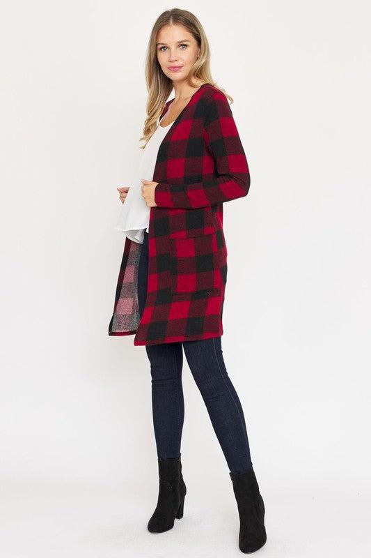 Long Buffalo Plaid Open Cardigan-Teresa&#39;s Fashionista LLC
