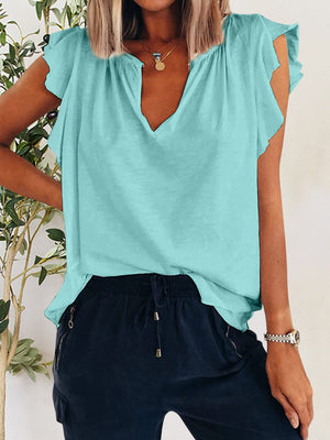 Ruffled Notched Cap Sleeve T-Shirt-Teresa's Fashionista LLC
