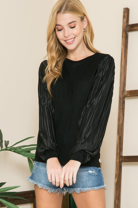 Pleated Sleeve Crew Neck Sweater-Teresa&#39;s Fashionista LLC
