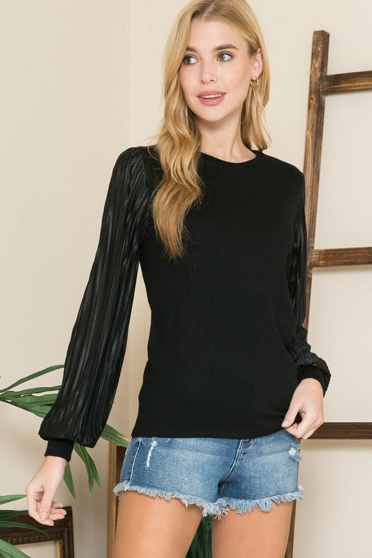 Pleated Sleeve Crew Neck Sweater-Teresa&#39;s Fashionista LLC