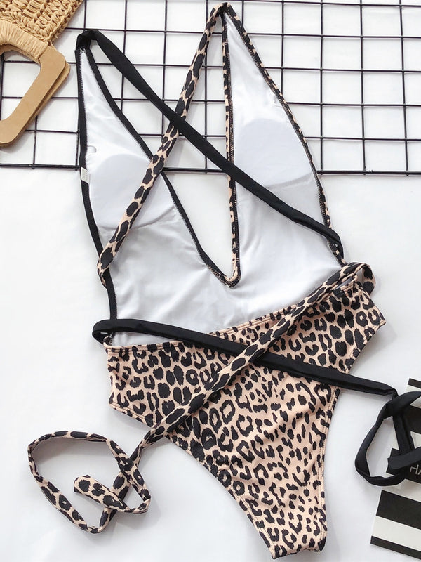 Tied Leopard Plunge One-Piece Swimwear-Teresa's Fashionista LLC