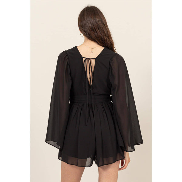 Plunging Neckline Bell Sleeve Romper