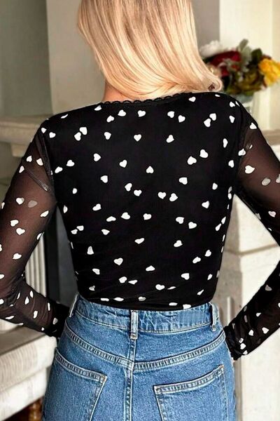 Heart square neck long sleeve bodysuit with lace detail and heart pattern.