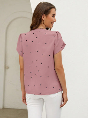 Heart Print Notched Petal Sleeve Blouse-Teresa's Fashionista LLC