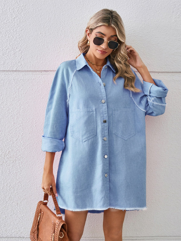 Raw Hem Button Up Denim Dress-Teresa's Fashionista LLC