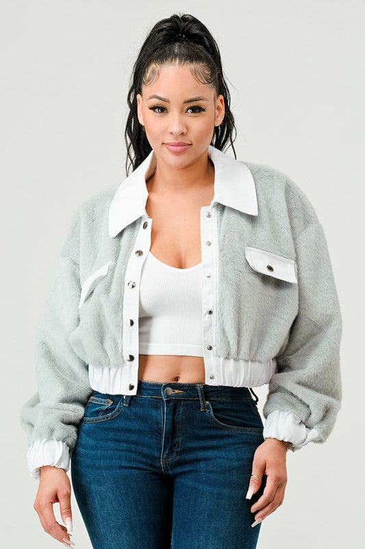 ATHINA CASUAL DENIM CONTRAST FUR CROP JACKET - Teresa's Fashionista LLC