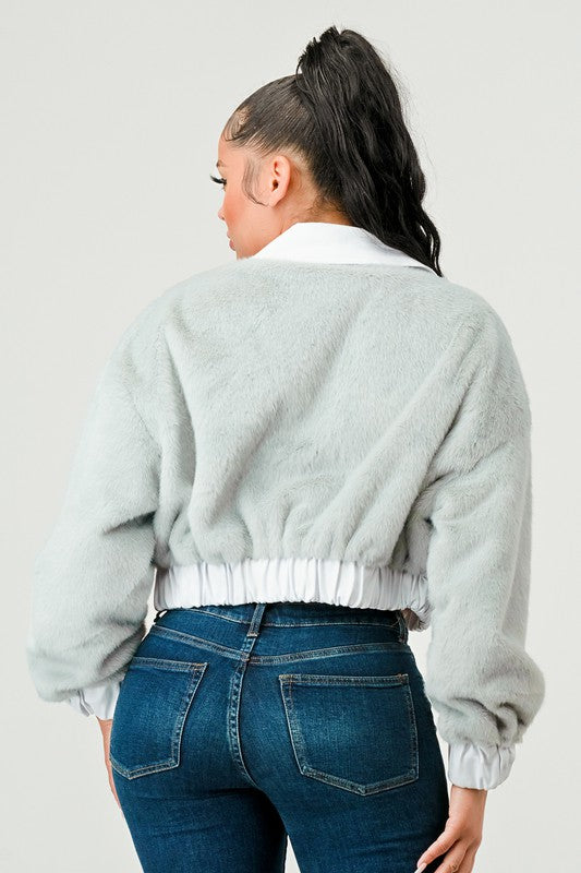 ATHINA CASUAL DENIM CONTRAST FUR CROP JACKET - Teresa's Fashionista LLC