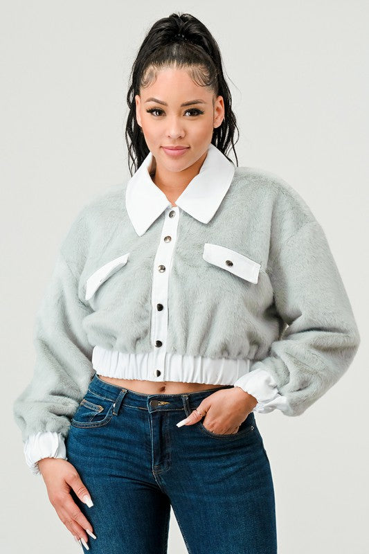 ATHINA CASUAL DENIM CONTRAST FUR CROP JACKET - Teresa's Fashionista LLC