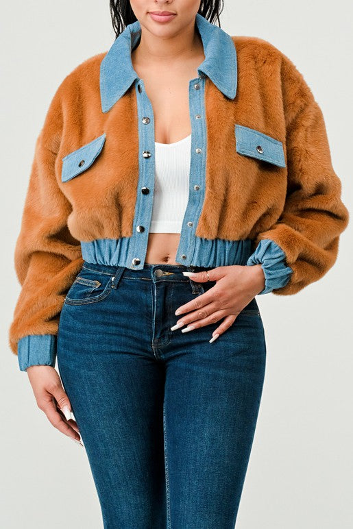 ATHINA CASUAL DENIM CONTRAST FUR CROP JACKET - Teresa's Fashionista LLC