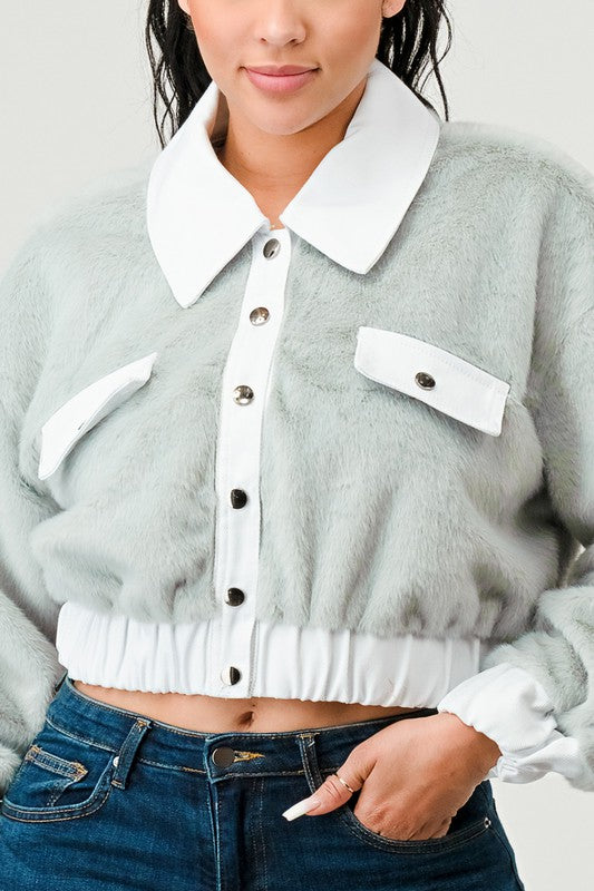 ATHINA CASUAL DENIM CONTRAST FUR CROP JACKET - Teresa's Fashionista LLC