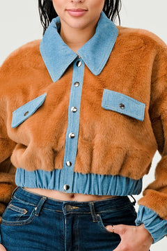 ATHINA CASUAL DENIM CONTRAST FUR CROP JACKET - Teresa's Fashionista LLC