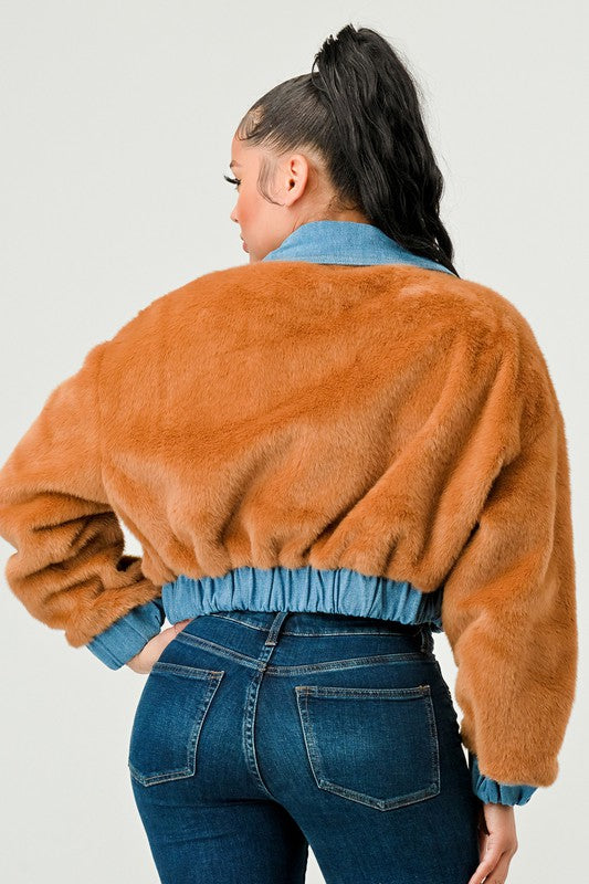 ATHINA CASUAL DENIM CONTRAST FUR CROP JACKET - Teresa's Fashionista LLC