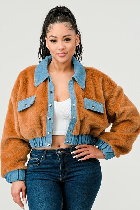 ATHINA CASUAL DENIM CONTRAST FUR CROP JACKET - Teresa's Fashionista LLC