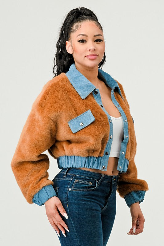 ATHINA CASUAL DENIM CONTRAST FUR CROP JACKET - Teresa's Fashionista LLC