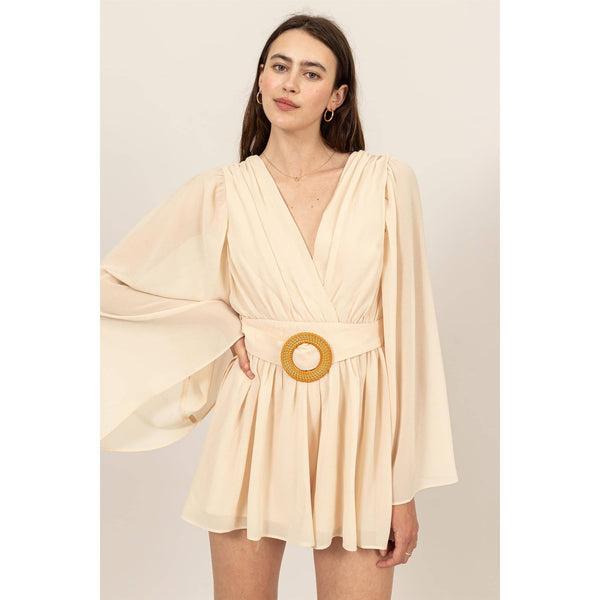 Plunging Neckline Bell Sleeve Romper