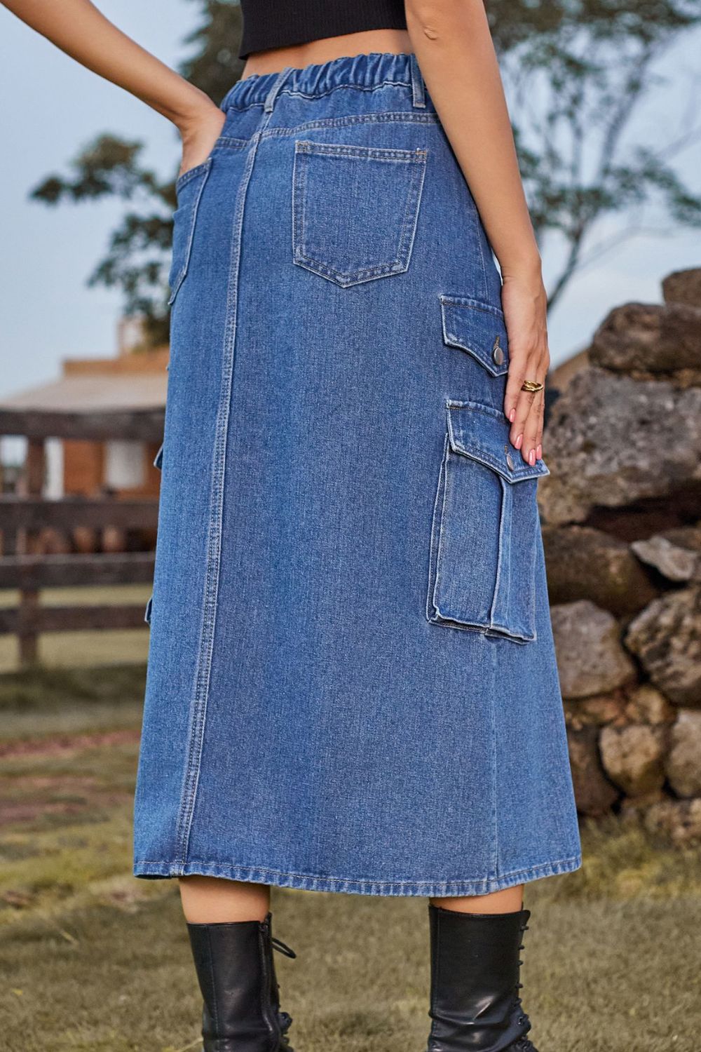 Slit Front Midi Denim Skirt with Pockets-Teresa's Fashionista LLC