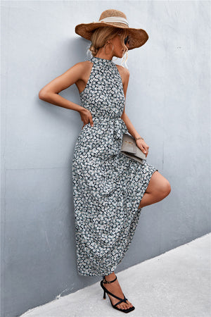 Printed Sleeveless Tie Waist Maxi Dress-Teresa's Fashionista LLC