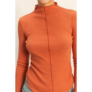 Ribbed High Neck Seam Detail Long Sleeve Top