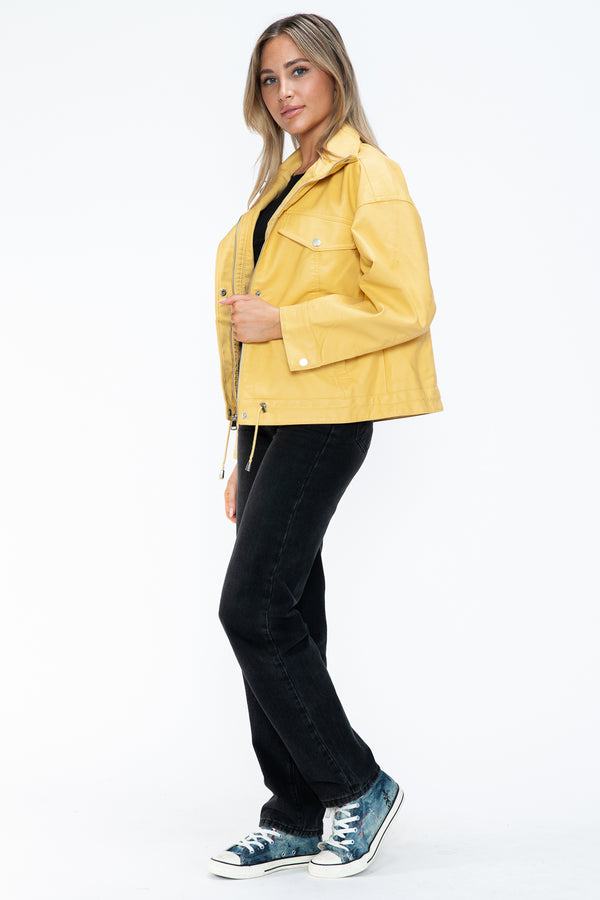 How Dare U Drawstring Hem PU Leather Zip Up Jacket - Teresa's Fashionista LLC