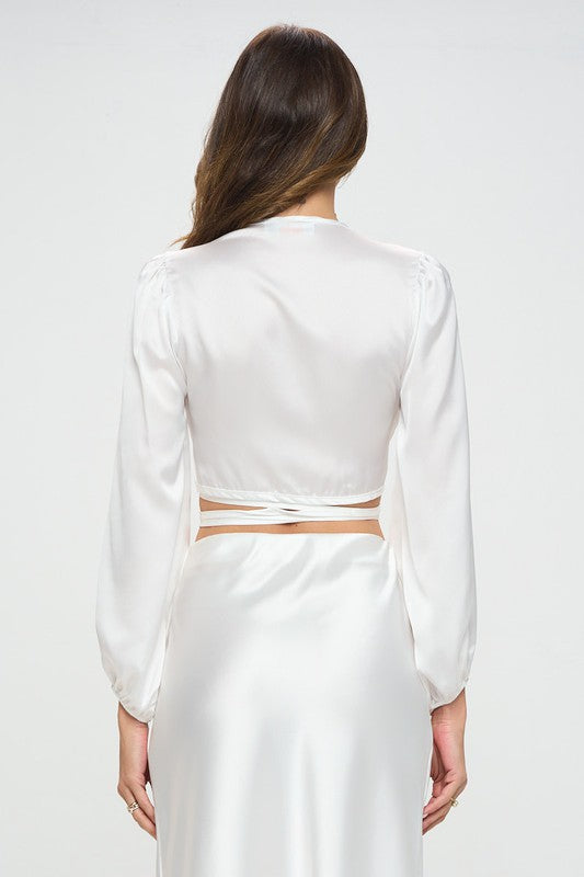 Silky Satin Wrap Crop Top with Tie-Teresa&#39;s Fashionista LLC
