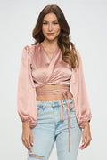 Silky Satin Wrap Crop Top with Tie-Teresa's Fashionista LLC