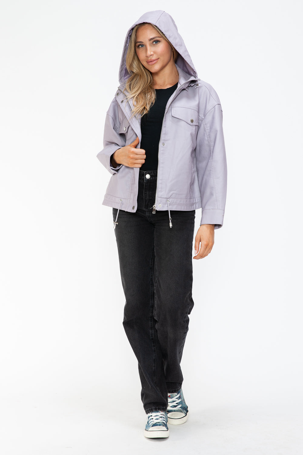How Dare U Drawstring Hem PU Leather Zip Up Jacket - Teresa's Fashionista LLC