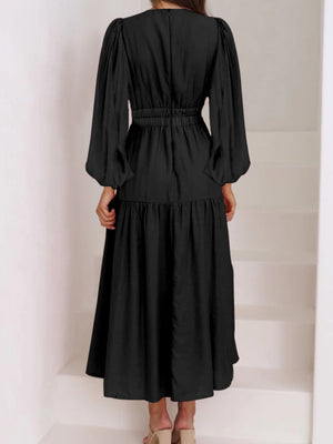 Deep V-Neck Balloon Sleeve Plain Maxi Dress-Teresa's Fashionista LLC
