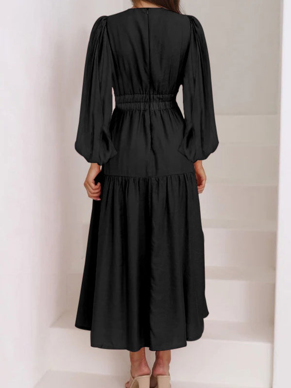 Deep V-Neck Balloon Sleeve Plain Maxi Dress-Teresa's Fashionista LLC
