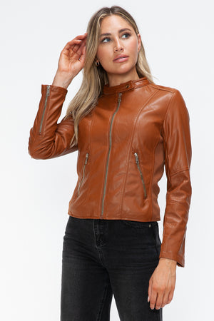 Snobbish Faux Leather Zip Up Drawstring Hooded Jacket - Teresa's Fashionista LLC