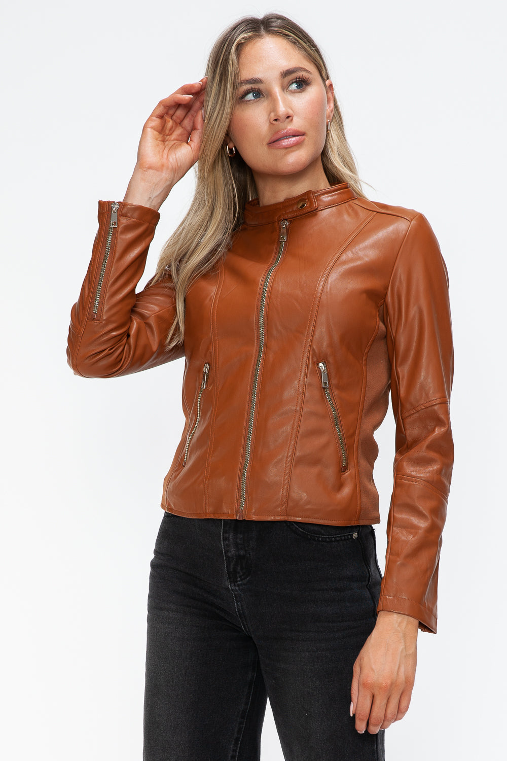 Snobbish Faux Leather Zip Up Drawstring Hooded Jacket - Teresa's Fashionista LLC