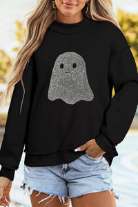 Rhinestone Ghost Exposed Seam Mock Neck Halloween Sweatshirt