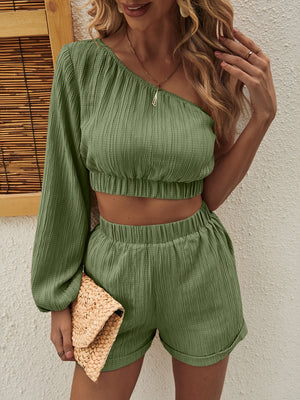One Shoulder Long Sleeve Top and Shorts Set-Teresa's Fashionista LLC
