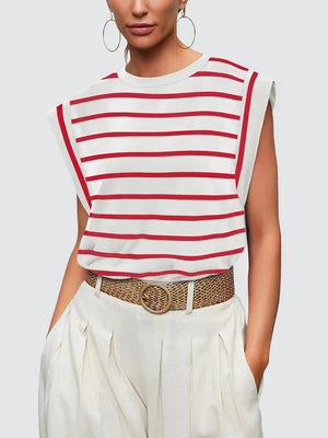 Striped Round Neck Cap Sleeve T-Shirt-Teresa's Fashionista LLC