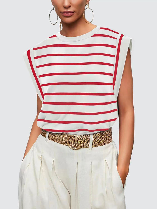 Striped Round Neck Cap Sleeve T-Shirt-Teresa's Fashionista LLC