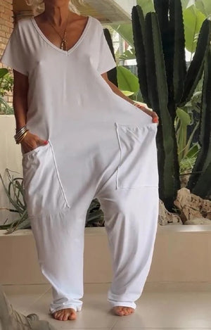 European And American Solid Color And V-neck Oversized Pocket Low-grade Jumpsuit - Teresa's Fashionista LLC