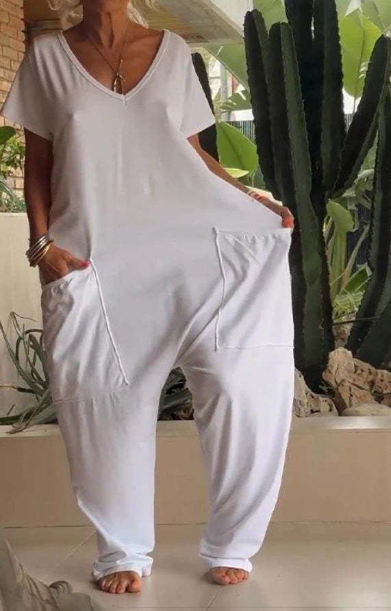 European And American Solid Color And V-neck Oversized Pocket Low-grade Jumpsuit - Teresa's Fashionista LLC