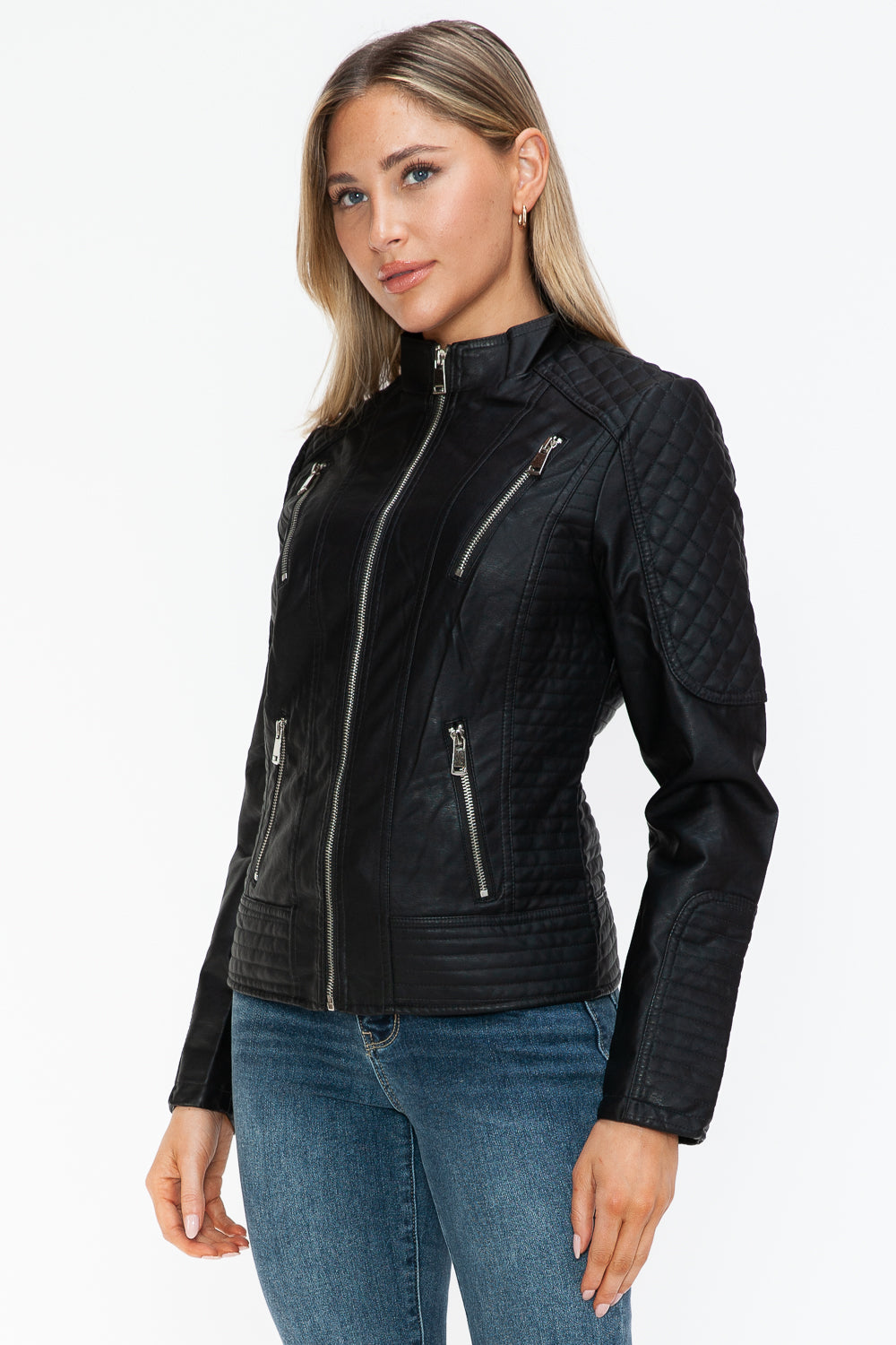 Snobbish Faux Leather Zip Up Mock Neck Jacket - Teresa's Fashionista LLC