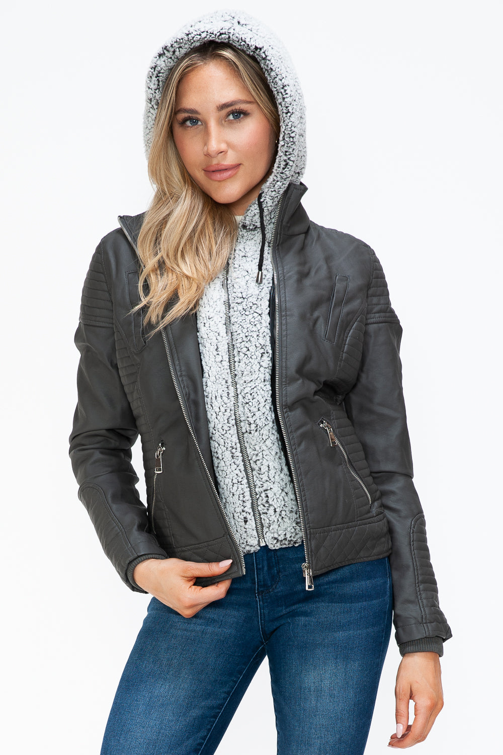 YMI Faux Layered Double-Zipper Jacket with Fuzzy Hood - Teresa's Fashionista LLC