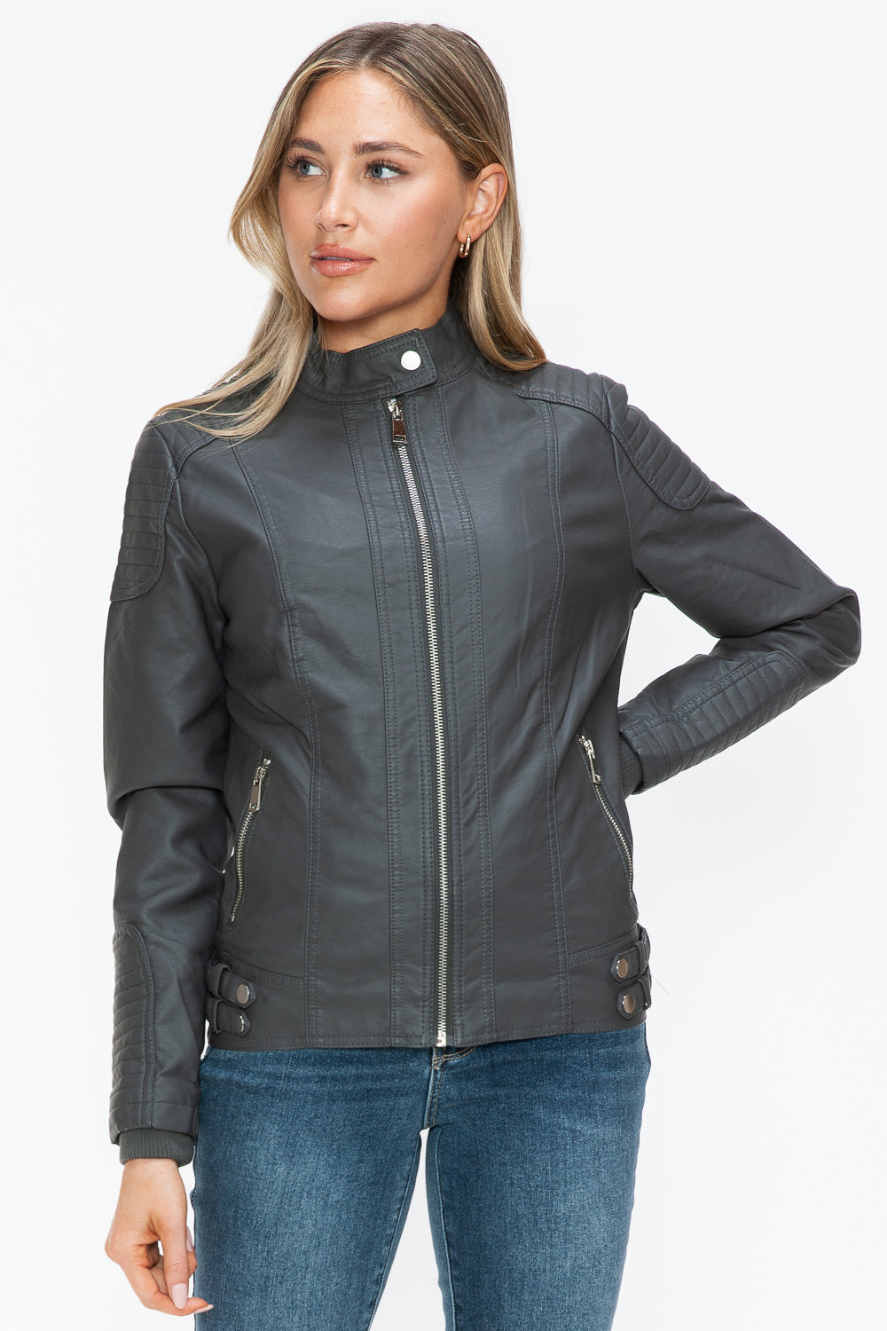 Snobbish Faux Leather Biker Jacket with Side Zip Pockets - Teresa's Fashionista LLC
