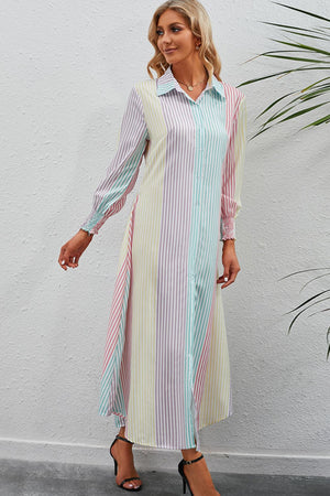 Rainbow Stripe Button-Up Maxi Shirt Dress-Teresa's Fashionista LLC