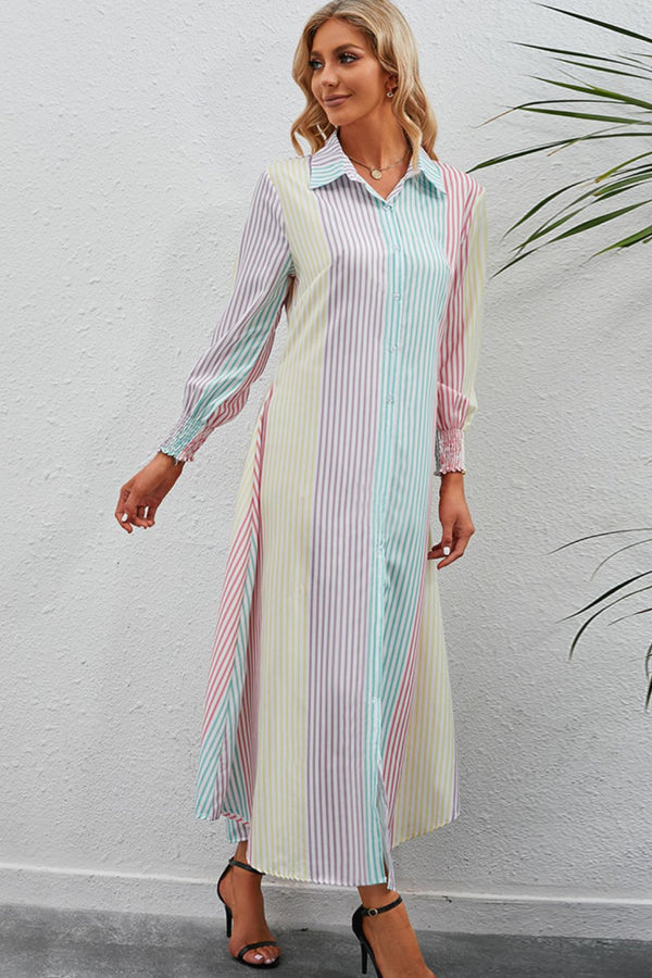 Rainbow Stripe Button-Up Maxi Shirt Dress-Teresa's Fashionista LLC