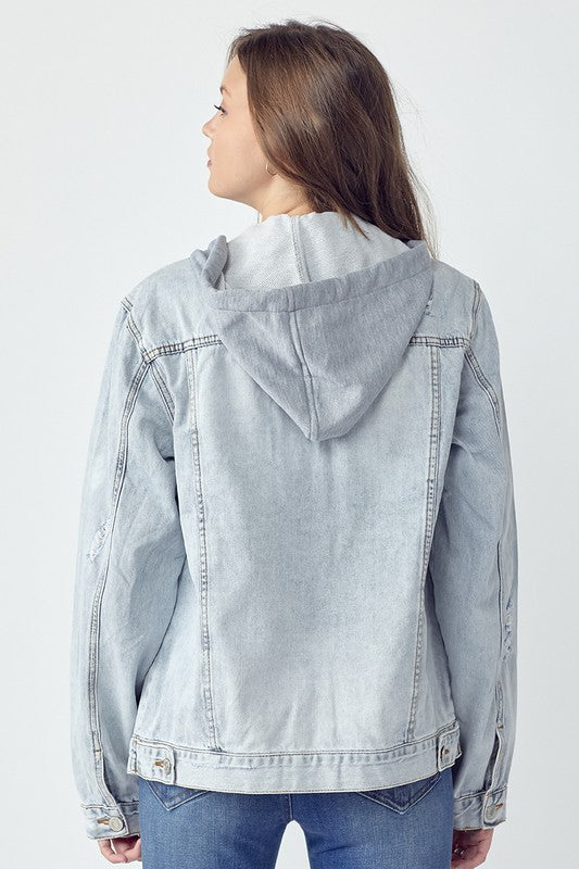 RISEN Full Size Distressed Drawstring Hooded Denim Jacket - Teresa's Fashionista LLC