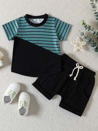Children's Striped Color Block Casual Top and Shorts Set