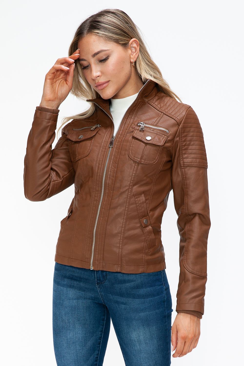 YMI Removable Faux Layered Multi-Pocket Jacket with Fuzzy Hood - Teresa's Fashionista LLC