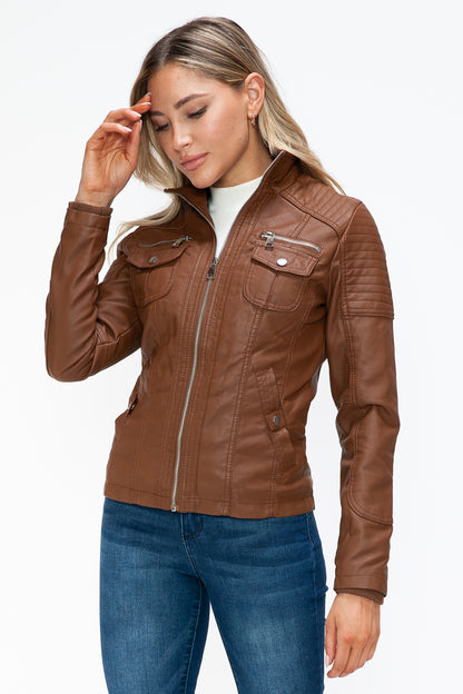 YMI Removable Faux Layered Multi-Pocket Jacket with Fuzzy Hood - Teresa's Fashionista LLC