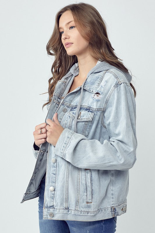 RISEN Full Size Distressed Drawstring Hooded Denim Jacket - Teresa's Fashionista LLC