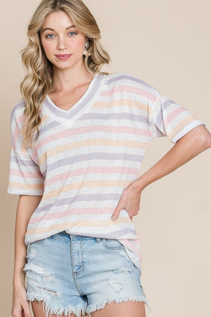 BOMBOM Striped V-Neck Short Sleeve T-Shirt-Teresa's Fashionista LLC